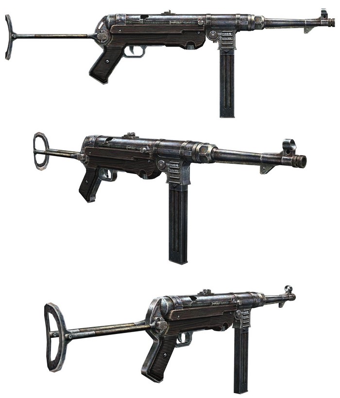 Three MP40 submachine guns on white background