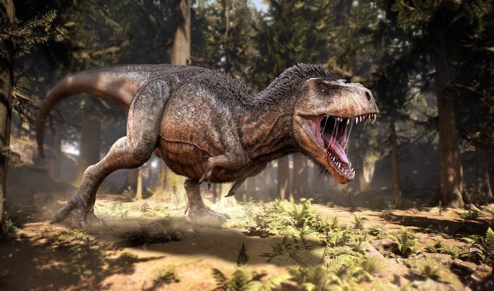 Tyrannosaurus Rex roaring in a forest