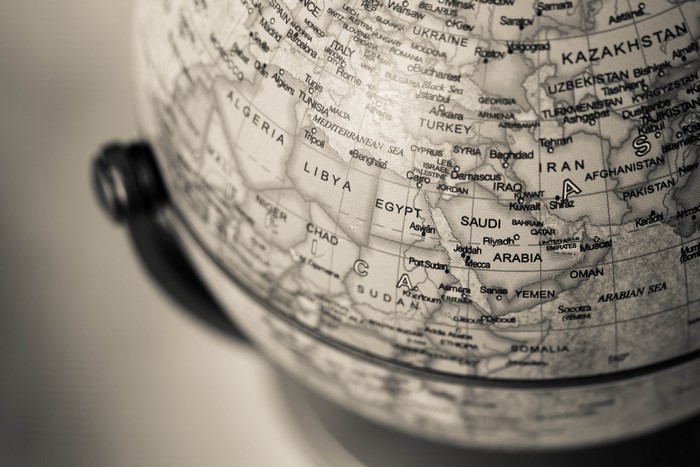 Close-up of a globe showing Africa and the Middle East