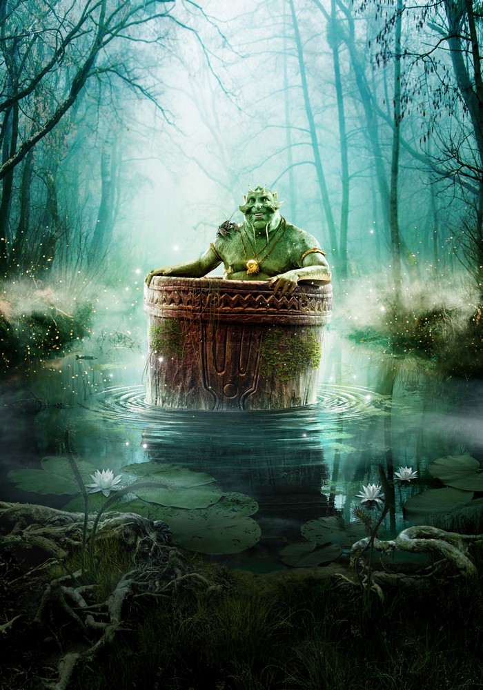 Green creature in a pot in a swamp