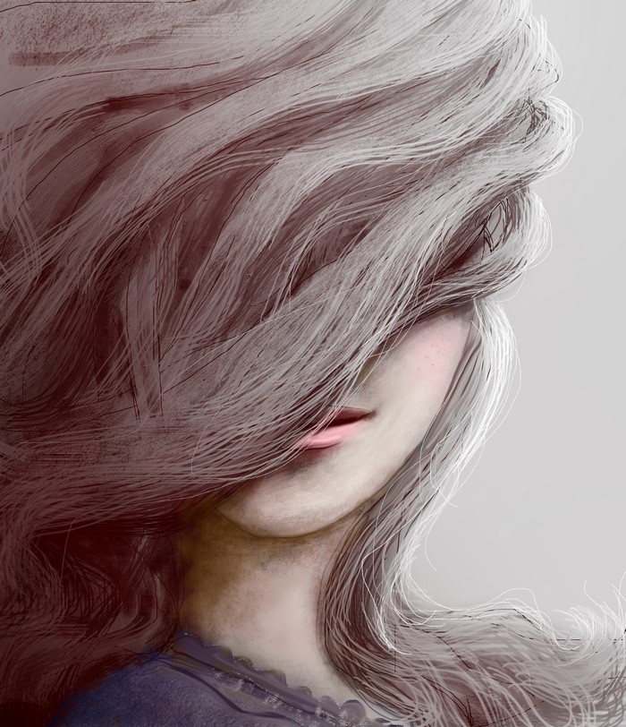Painting of a woman with long, flowing hair covering her face