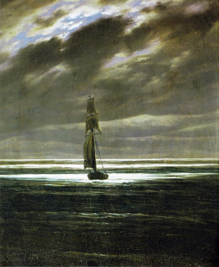 Seascape by Moonlight with Sailing Ship