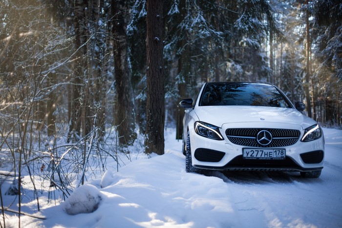 White Mercedes-Benz C-Class in a Snowy Forest