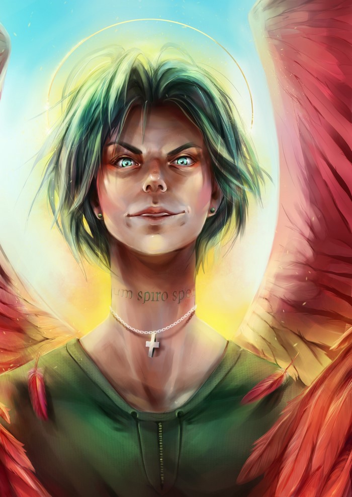 Angel with green hair and red wings