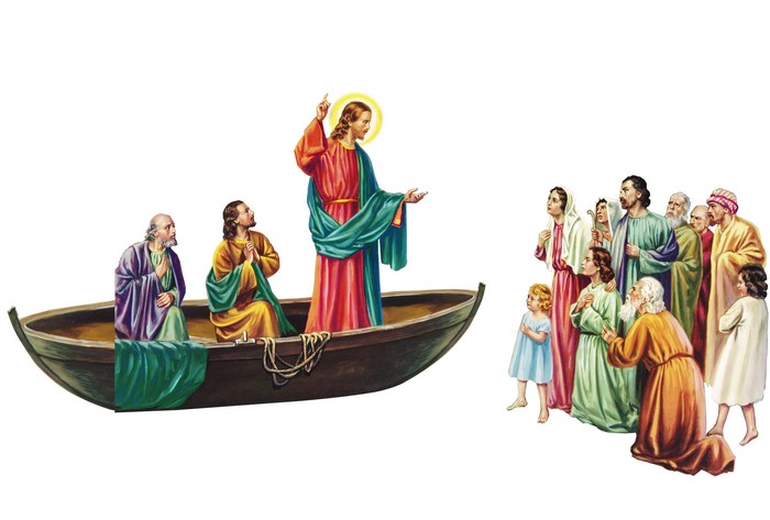 Jesus preaching from a boat to a crowd