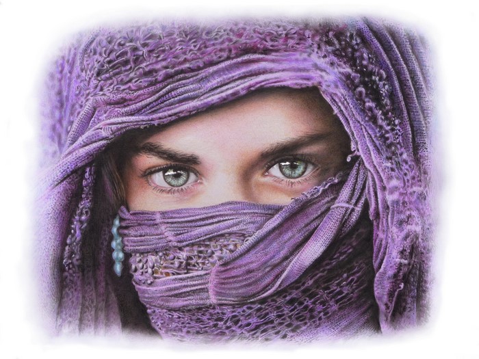 Close-up of a woman's eyes and face covered by a purple scarf