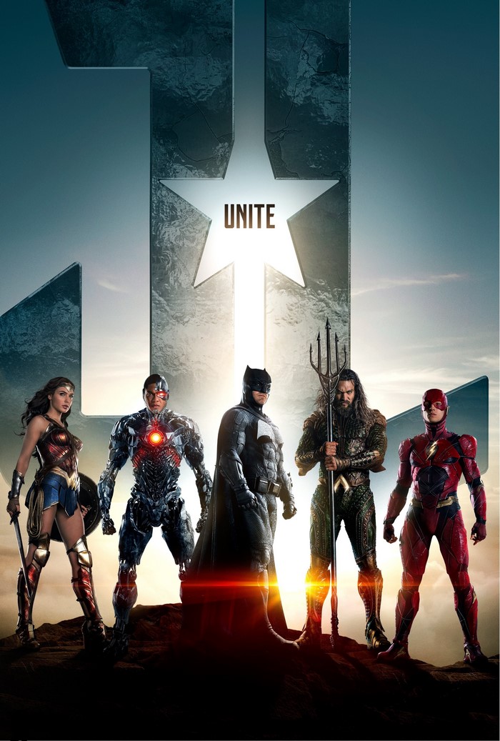 Justice League 2017 movie poster with Wonder Woman, Cyborg, Batman, Aquaman, and The Flash