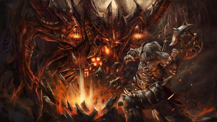 Diablo Barbarian fighting a demon
