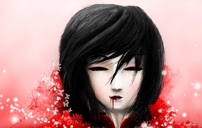 Brunette girl with blood and flowers