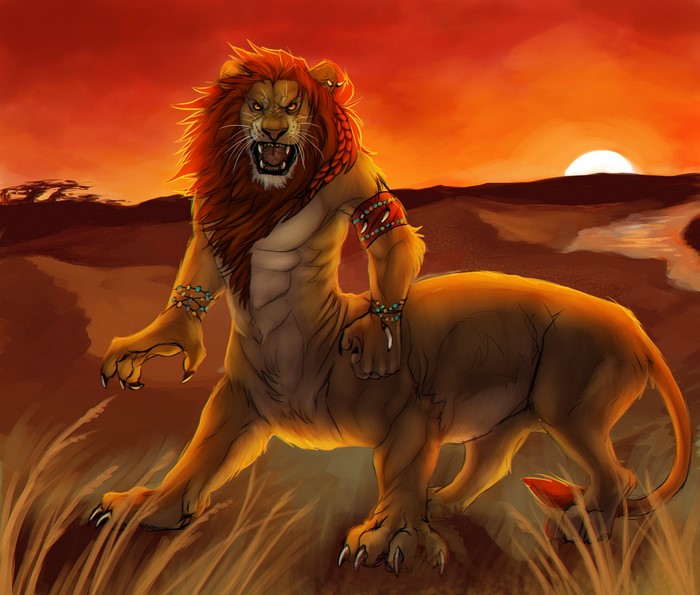 Lion centaur roaring at sunset