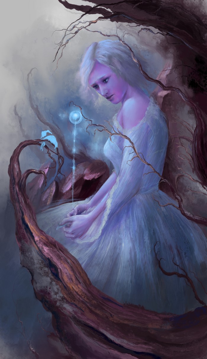 A woman in a white dress holding a magical orb