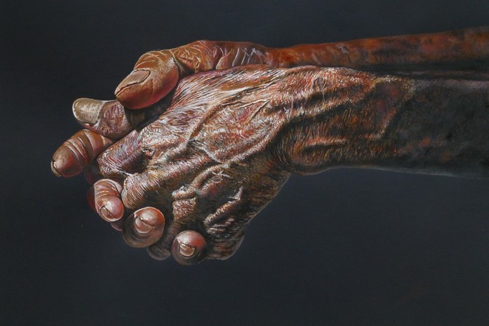 Painting of old hands clasped together