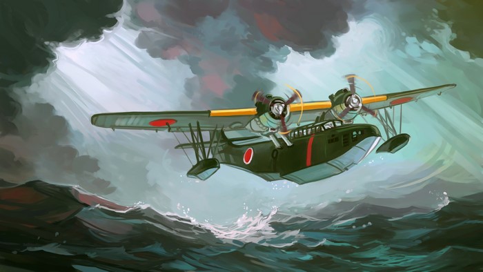 Aichi H9A Seaplane flying over rough seas