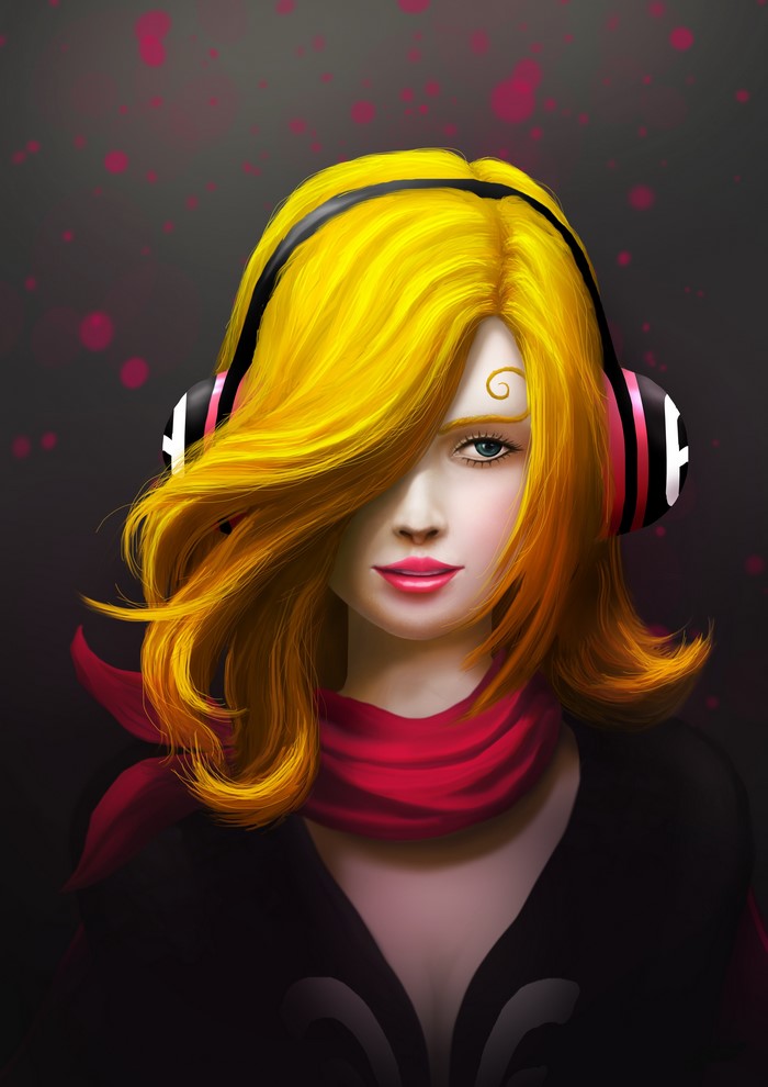 Woman with blonde hair wearing headphones and scarf