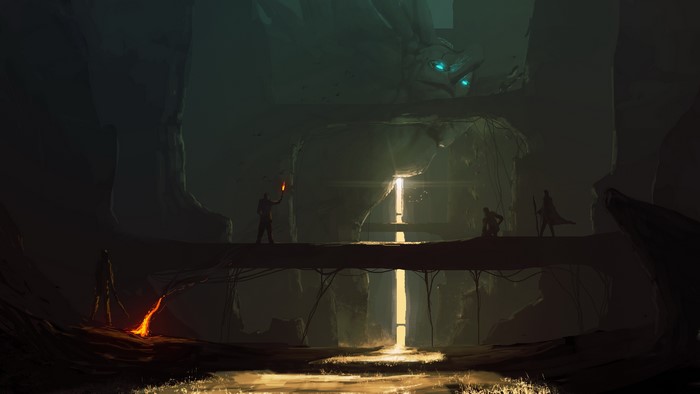 Warriors crossing a bridge in a giant cave