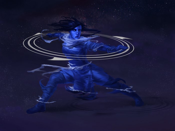 Blue character with swirling energy in space