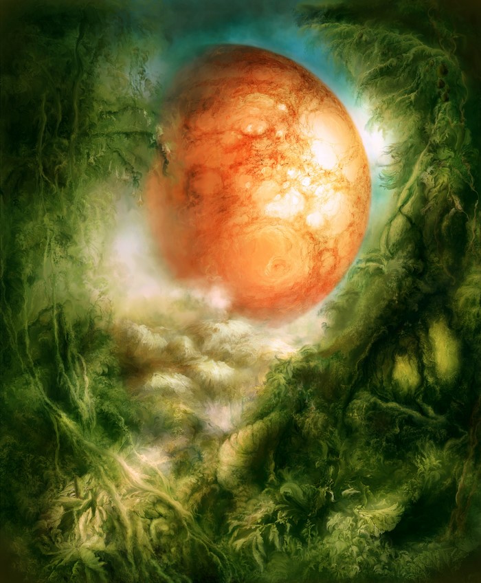 Fantastic world with a planet and green foliage