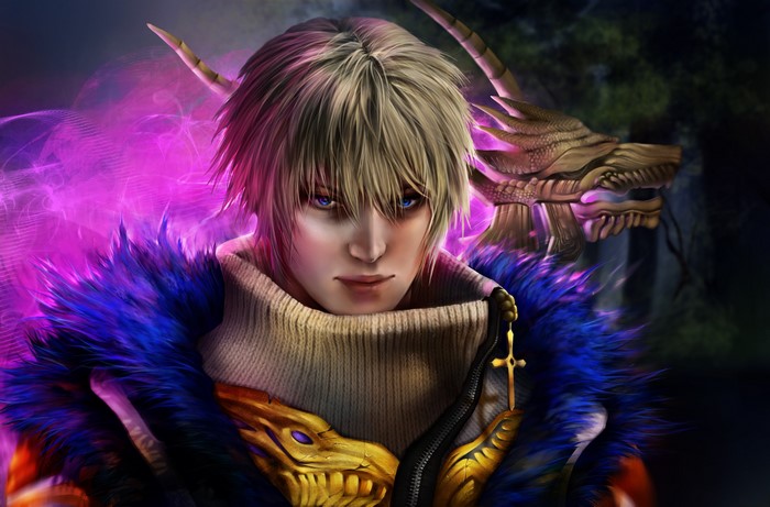 Young man with dragon and purple smoke