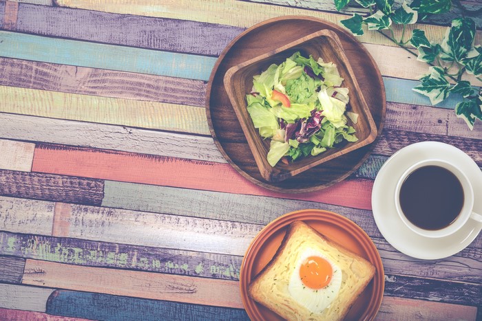 Breakfast with Salad, Fried Egg Toast, and Coffee