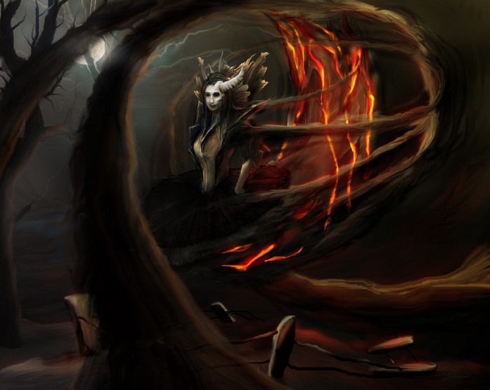 A demonic woman with horns and fiery wings in a dark forest