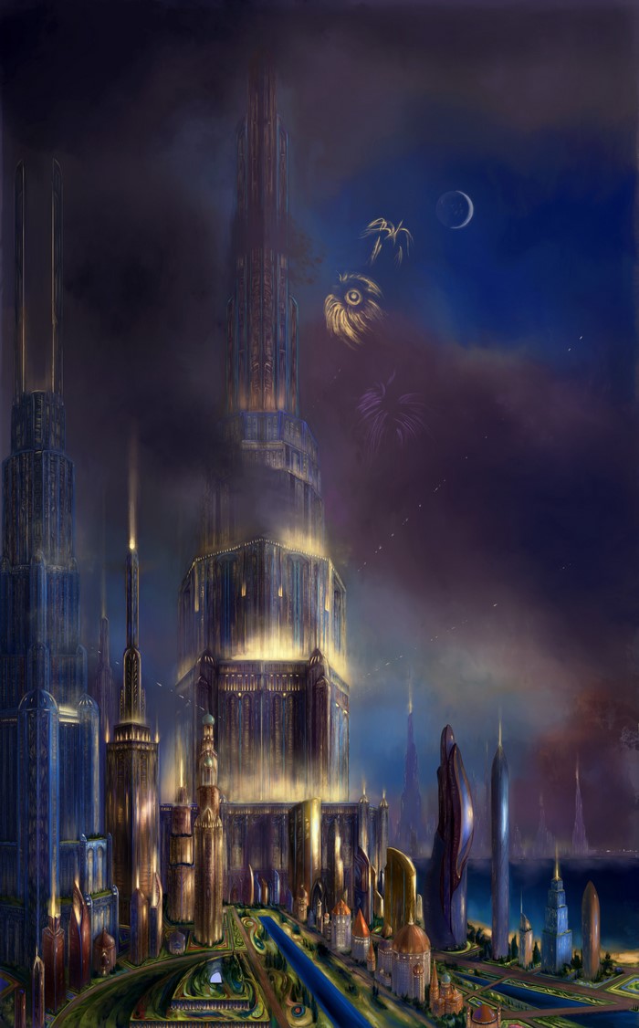 Futuristic city with skyscrapers and fireworks at night
