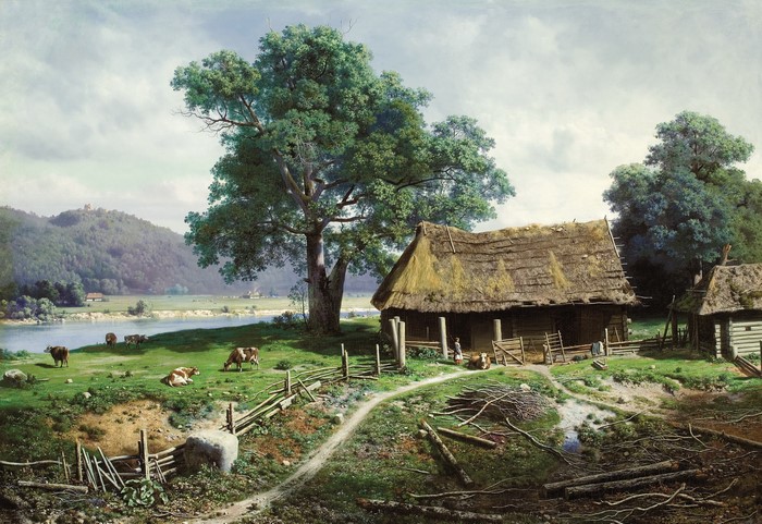 Riverside Farmstead with Cows by Mikhail Clodt