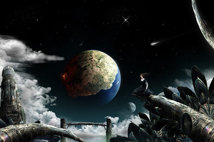 Fantastic world with planets and a woman