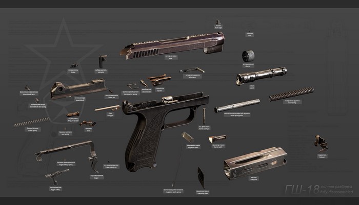 GSh-18 pistol fully disassembled