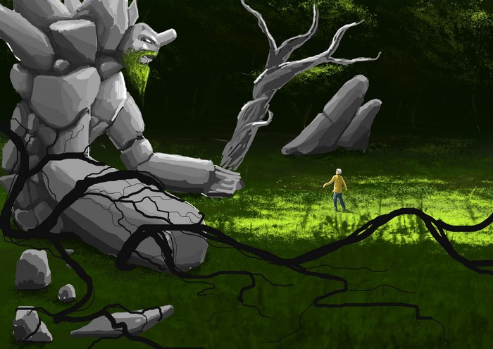 Giant Stone Monster and Tiny Human in Forest