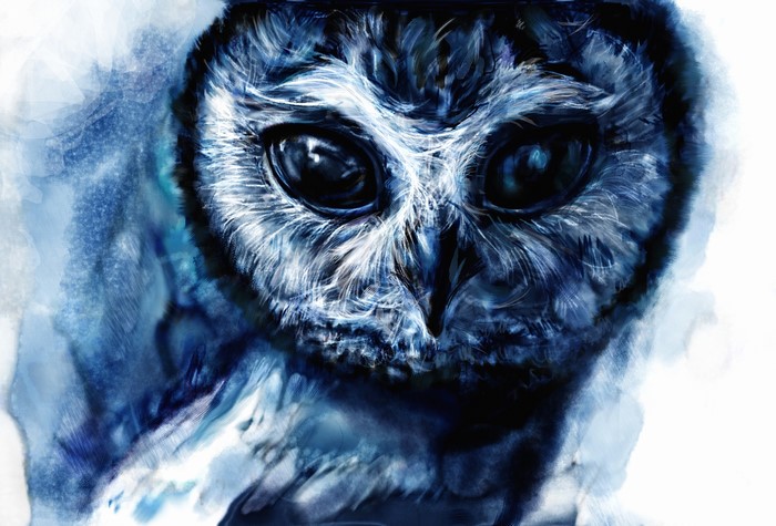Close-up painting of an owl's head