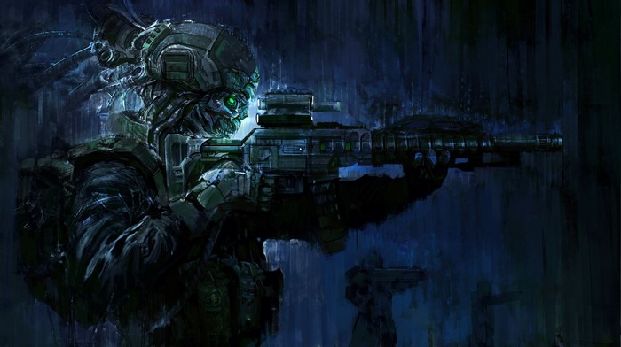 Cybernetic soldier with assault rifle in rain