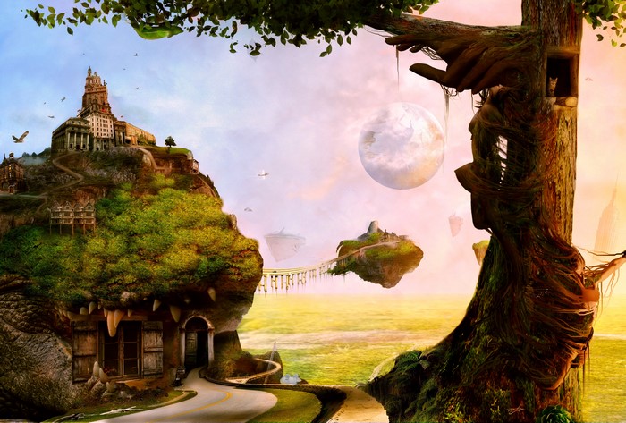 Fantastic world with floating islands and a castle