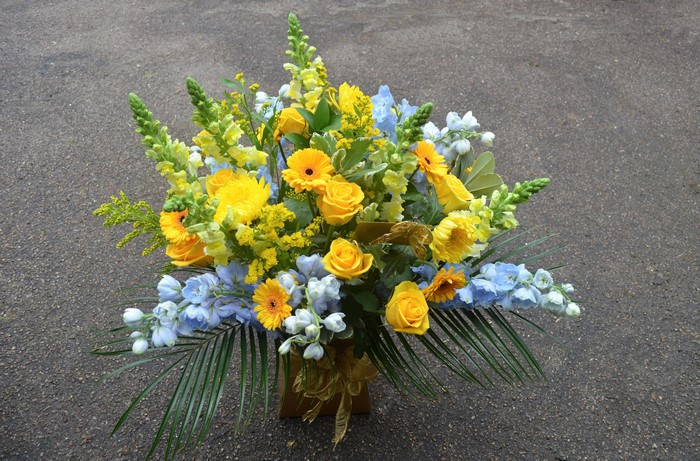 Bouquet of Yellow Roses, Gerberas, and Blue Delphiniums