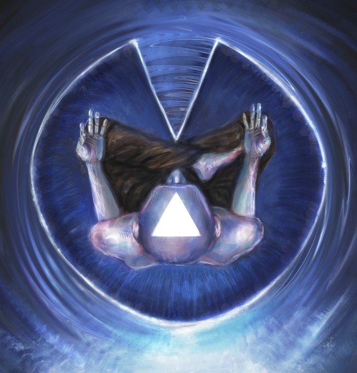 Man meditating with a glowing triangle on his head