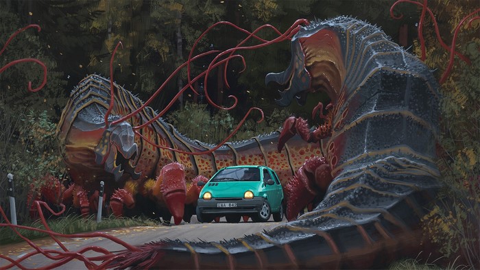 Giant Centipede Monster Blocking Road in Forest