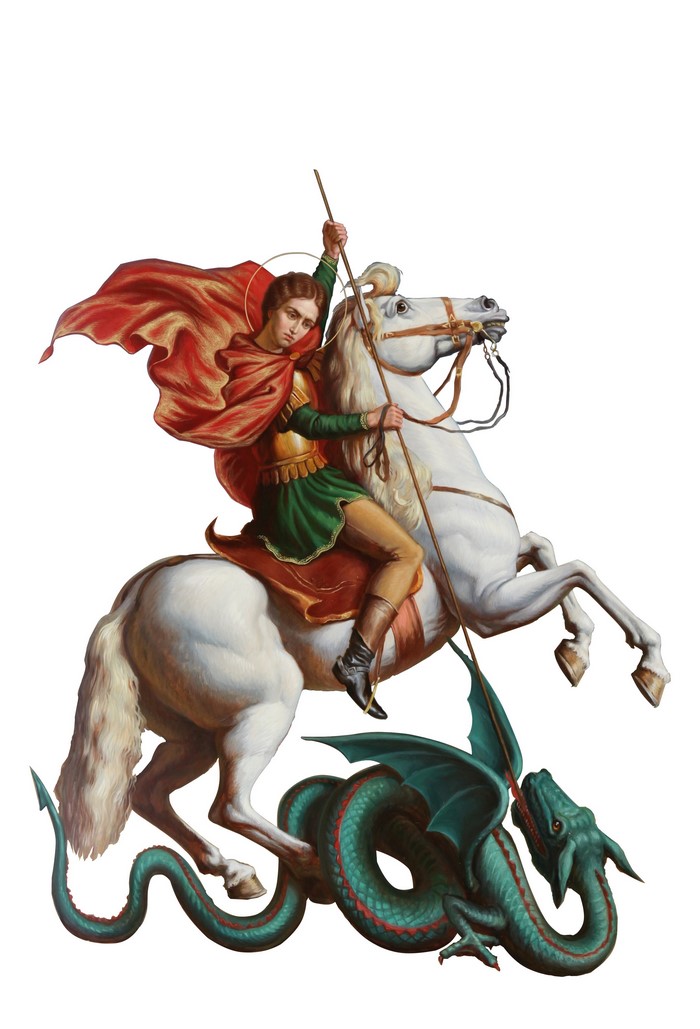Saint George the Victorious on horseback fighting a dragon