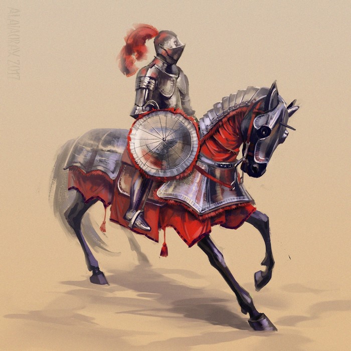 Knight in full armor riding a horse