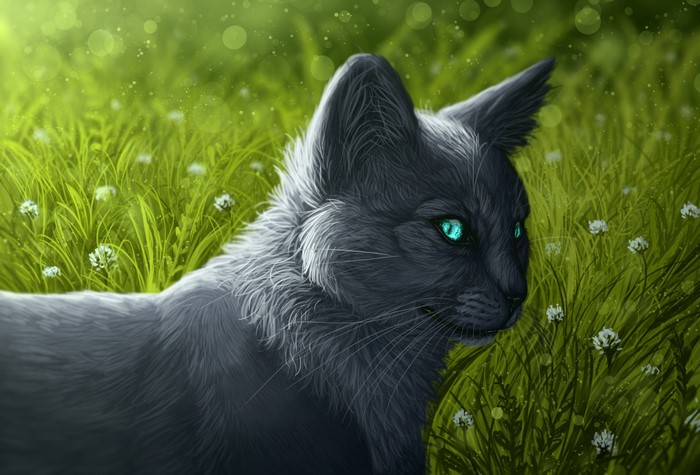 Black cat with bright blue eyes in green grass