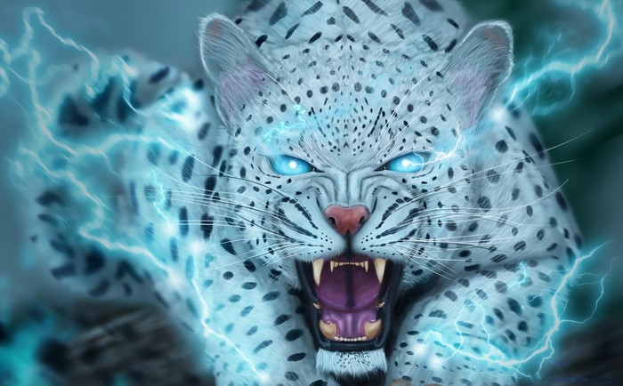 Snow leopard with glowing blue eyes and lightning
