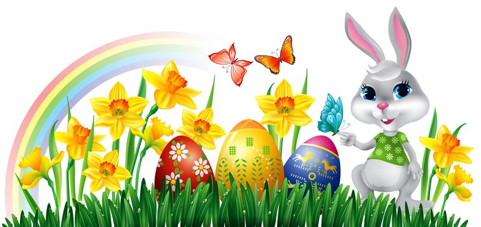Easter Bunny with Daffodils and Rainbow