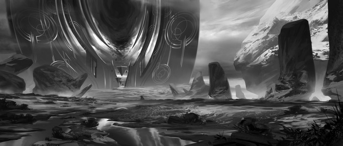 Alien structure in a rocky, mountainous landscape