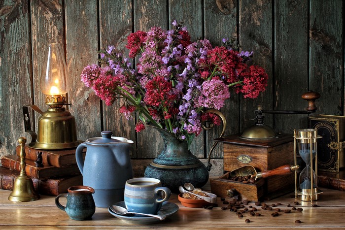Still-life with Kerosene lamp, coffee, and flowers