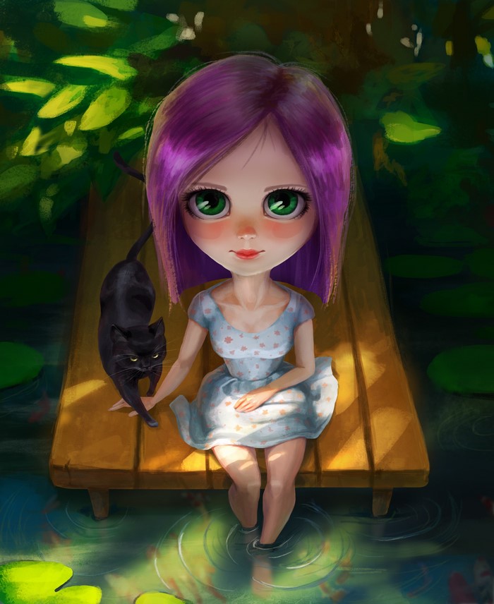 Girl with purple hair and black cat on a dock