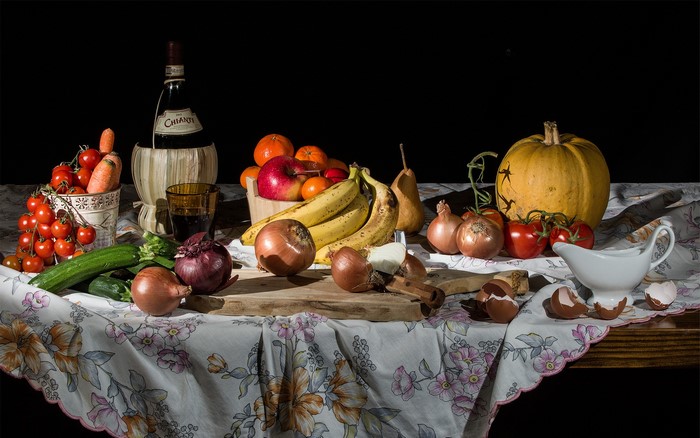 Still-life with pumpkin, vegetables, fruit, and wine