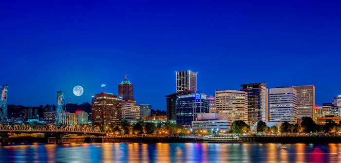 Portland Skyline at Night with Full Moon