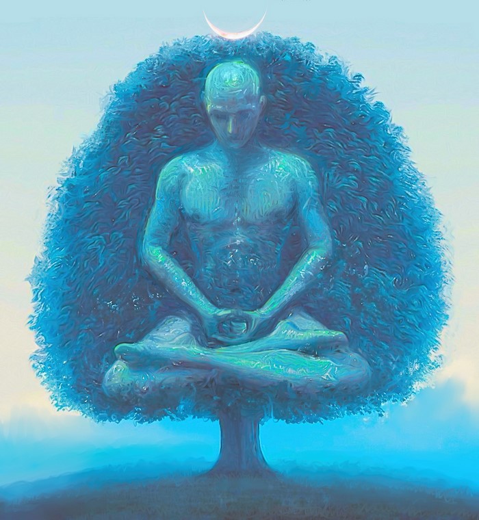 Man meditating in a tree with a crescent moon