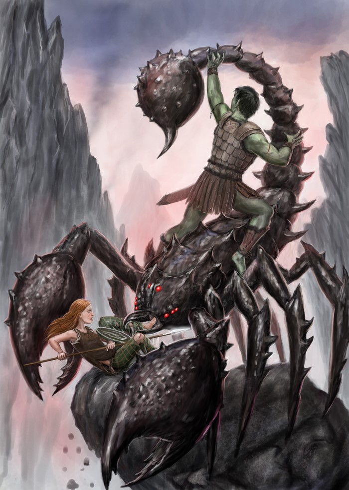 Warrior riding a giant scorpion fighting a girl