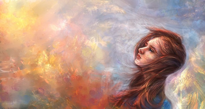 Painting of a woman with red hair looking up