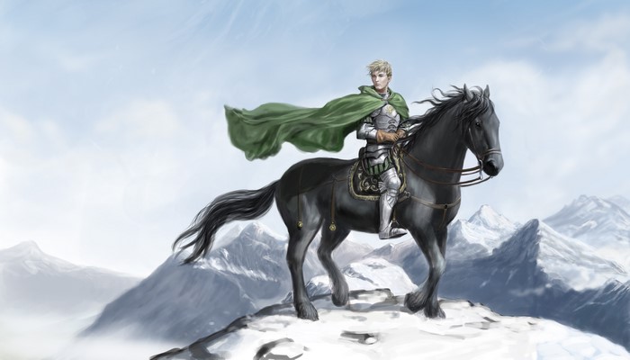 Warrior on a black horse in snowy mountains
