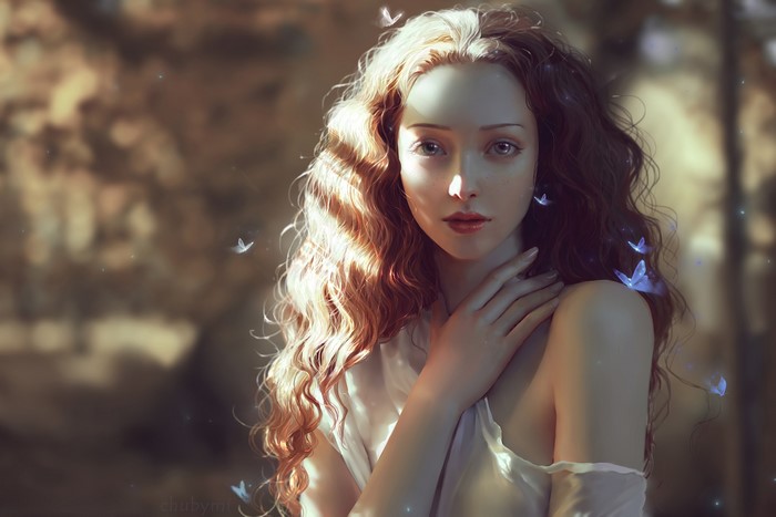 Brown-haired woman with butterflies